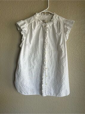 LOFT White Eyelet Ruffle Front Button-Up Blouse